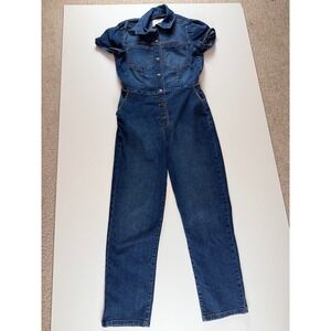 Celebrity Pink Womens Wash Short Puff Sleeve Denim Jumpsuit Size M Utility